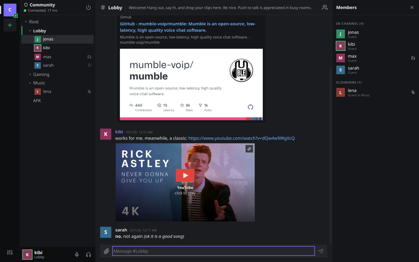 mumh5 main window: channel tree, chat with a YouTube card, member list