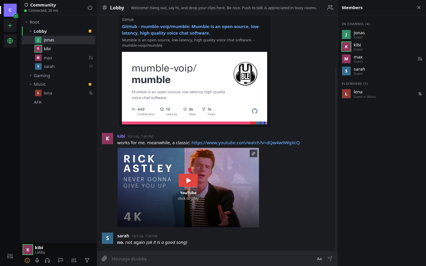 mumh5 main window: channel tree, chat with a YouTube card, member list