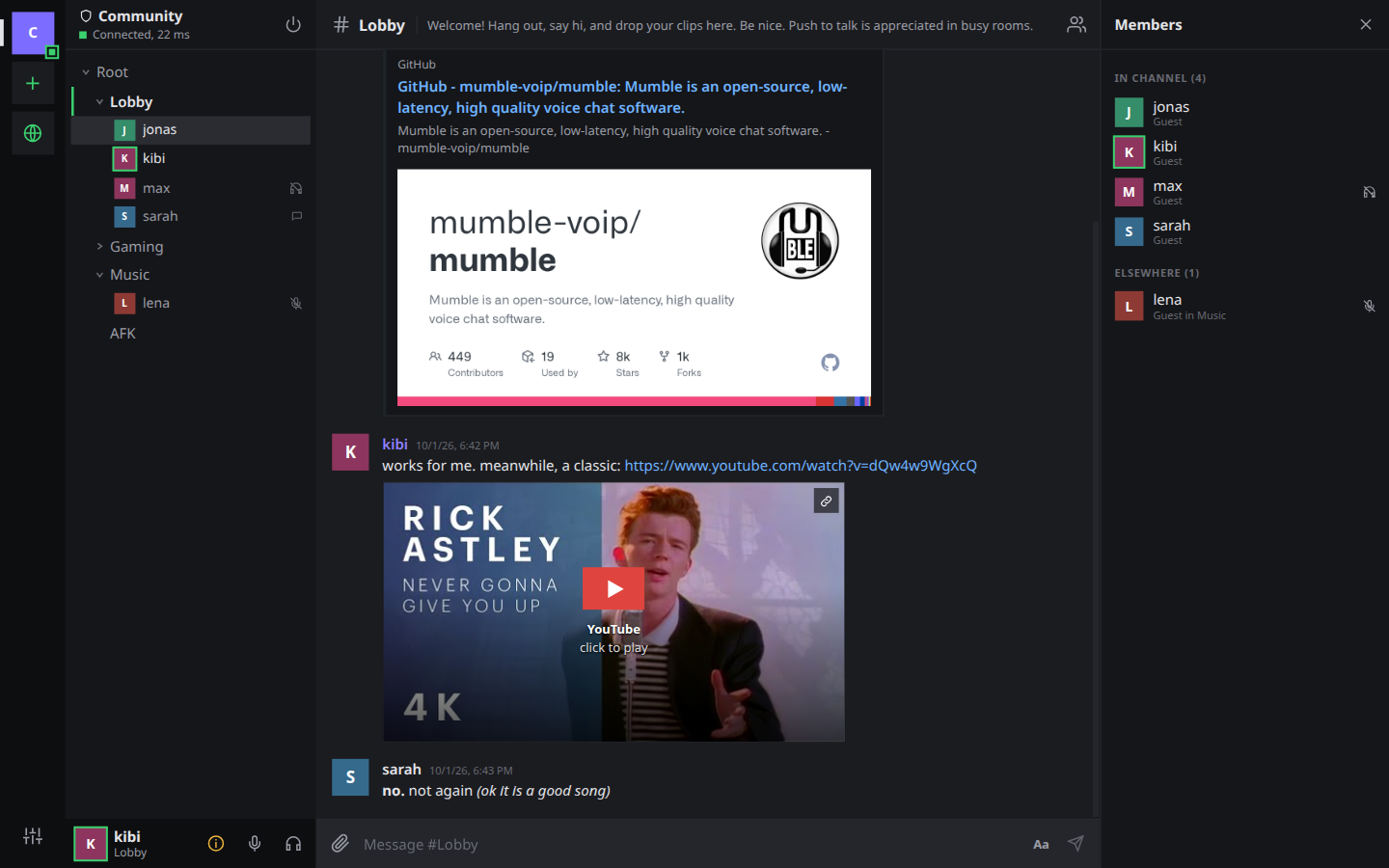 mumh5 main window: channel tree, chat with a YouTube card, member list