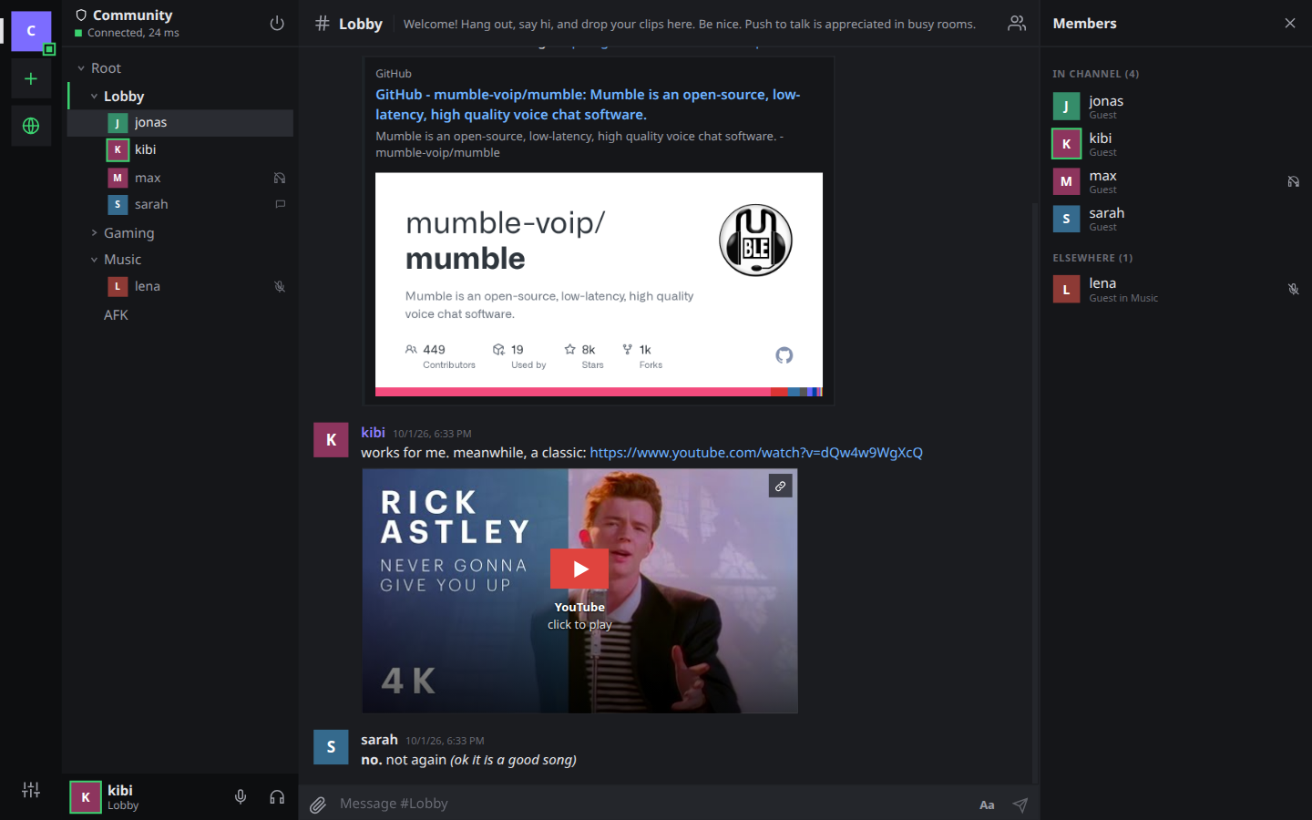 mumh5 main window: channel tree, chat with a YouTube card, member list